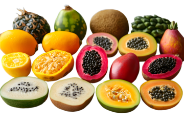 Exotic Fruits: A vibrant assortment of freshly cut and whole exotic fruits, displaying an array of colors and textures, offering a visual feast of natural sweetness.