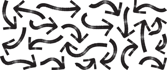  Set of simple lines hand drawn black arrows in various style. Bold brush drawn curved arrows. Hand drawn vector thick marker arrows. Arrow mark icons and arrow paint. Stock vector. EPS10.
