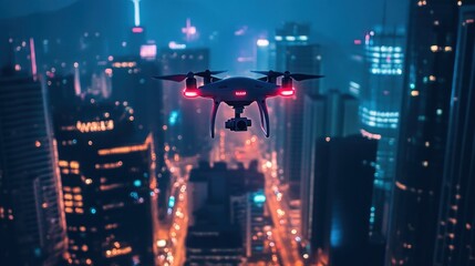 Fototapeta premium Futuristic drone flight over illuminated cityscape at night, urban technology