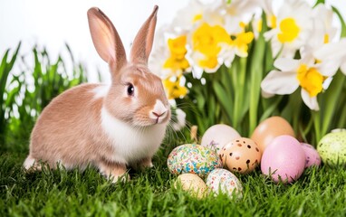 A rabbit sits in the grass surrounded by colorful Easter eggs.