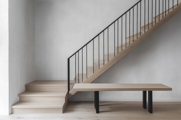 Minimalist staircase with wooden bench in modern interior.