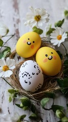 Obraz premium Three colorful eggs with painted faces nestled in a cozy nest.