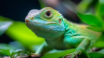 Obraz premium Chinese water dragon resting on a branch in the rainforest