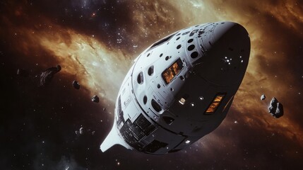 Advanced spacecraft design sailing through the cosmic ocean amidst scattered space rocks