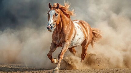 Obraz premium A dynamic front-facing shot of a red piebald horse charging forward, its mane flying as it gallops, dust swirling beneath its hooves, cinematic telephoto perspective 