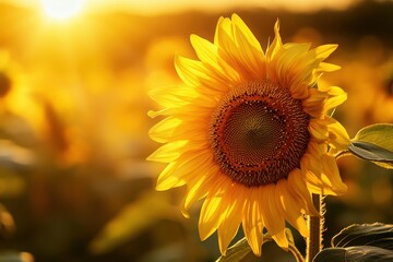 Bright sunflower glowing in the golden light of sunset.