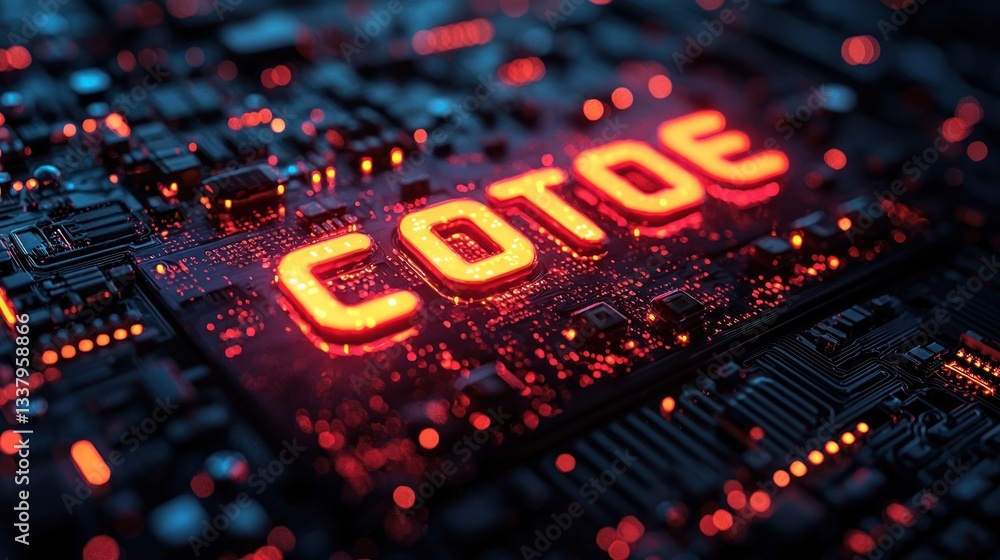 Poster glowing cotde text on a circuit board.
