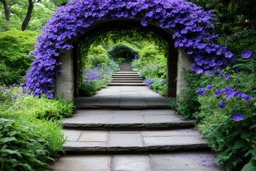 Naklejka premium Purple flowers covering archway in beautiful garden with stone stairs