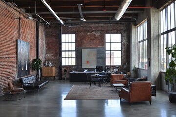 Fototapeta premium An industrial office showcasing exposed brick walls, metal accents, and reclaimed wood furniture. 