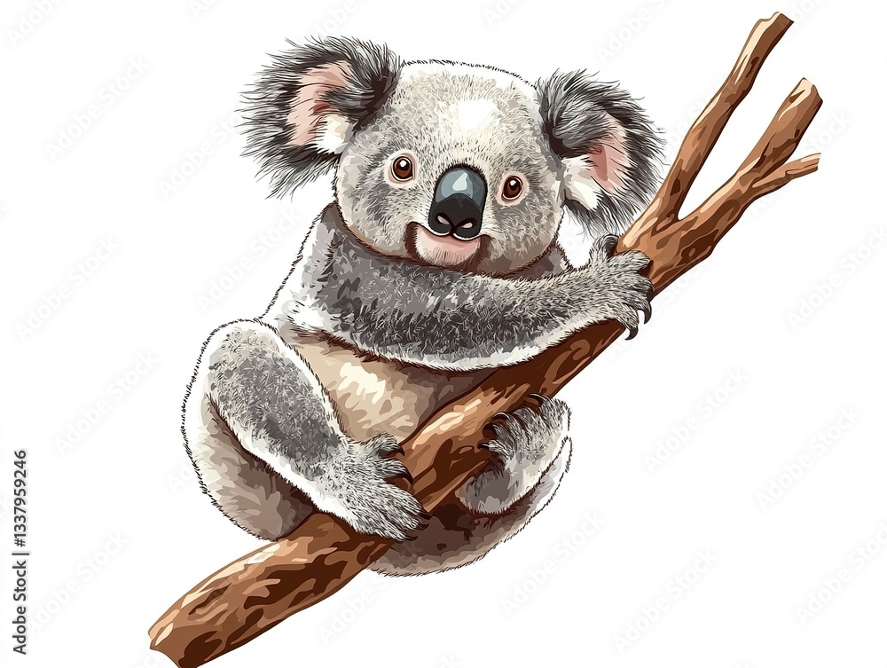 Poster a dynamic vector koala hanging from an invisible branch, its chubby body and gentle smile capturing 