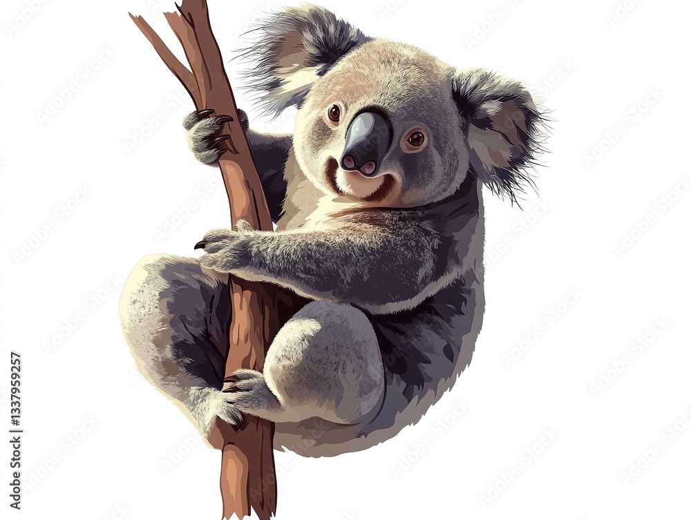 Poster a dynamic vector koala hanging from an invisible branch, its chubby body and gentle smile capturing 