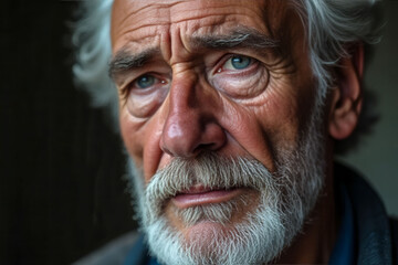 Obraz premium A man with a beard and white hair is looking at the camera. He has a sad expression on his face
