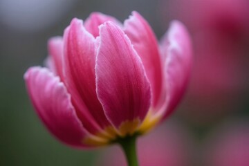 Naklejka premium A single pink flower with a yellow center. The flower is the main focus of the image. The flower is surrounded by green leaves, which add a touch of color to the scene