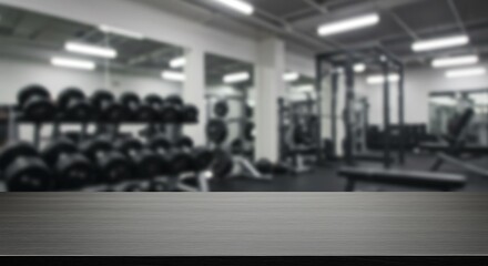 Modern Gym Interior with Dumbbells and Weight Machines, Empty Wood Surface. Blurred Bakcground.