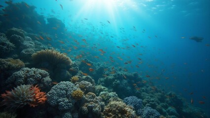 Naklejka premium Vibrant Coral Reef with Tropical Fish Shoals in Sunlit Crystal Clear Waters