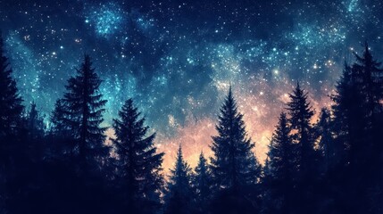 Enchanting Night Sky Over Silhouetted Pine Forest