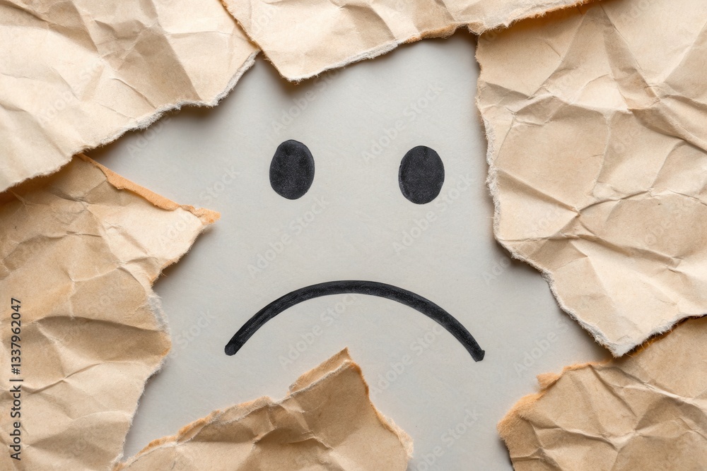 Poster collage of torn paper creating a sad face expressing emotions in a low resolution art piece generati