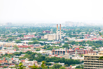 Fototapeta premium aerial view of city of Montreal in a foggy day