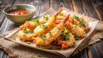 Crispy shrimp tempura with dipping sauce on wooden plate