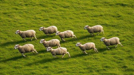 Fototapeta premium A flock of sheep running in the green meadow aerial view 