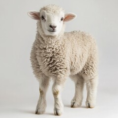 Fototapeta premium A fluffy lamb standing in the center, soft fleece detailed, even lighting, full-body shot, white backdrop. 