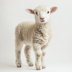 Obraz premium A fluffy lamb standing in the center, soft fleece detailed, even lighting, full-body shot, white backdrop. 