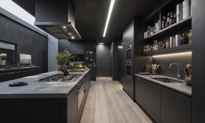 Futuristic kitchen in sleek charcoal, with voice-controlled appliances that adjust to cooking preferences and interactive countertops that suggest recipes