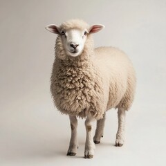 Obraz premium A fluffy sheep standing still, wool textures detailed, diffused studio lighting, full-body shot, white backdrop. 