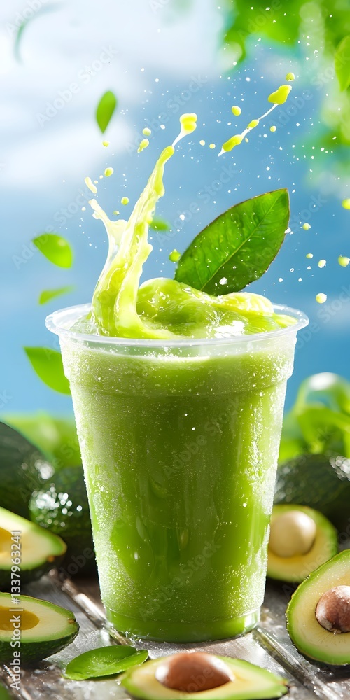 Poster Refreshing Avocado Smoothie in Clear Cup with Splash Effect