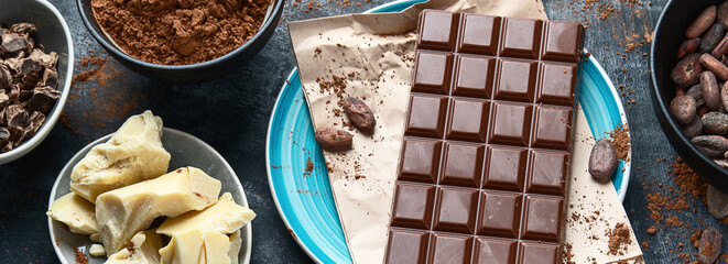 Cacao beans, powder, cacao butter  and chocolate bar.