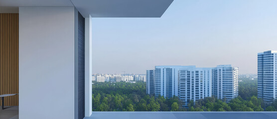 Modern balcony view of urban skyline and lush greenery at dawn in a city landscape