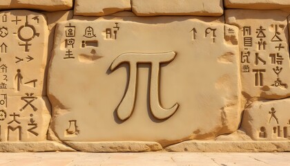 Pi Symbol: Intricately carved pi symbol on a weathered stone wall, surrounded by ancient glyphs, blending mathematics and historical artistry.
