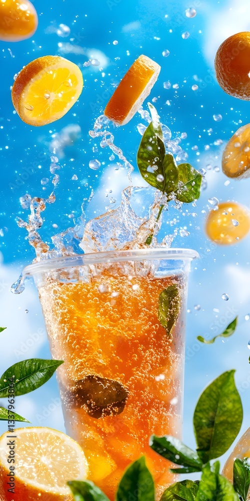 Poster refreshing beverage splash with citrus and mint elements