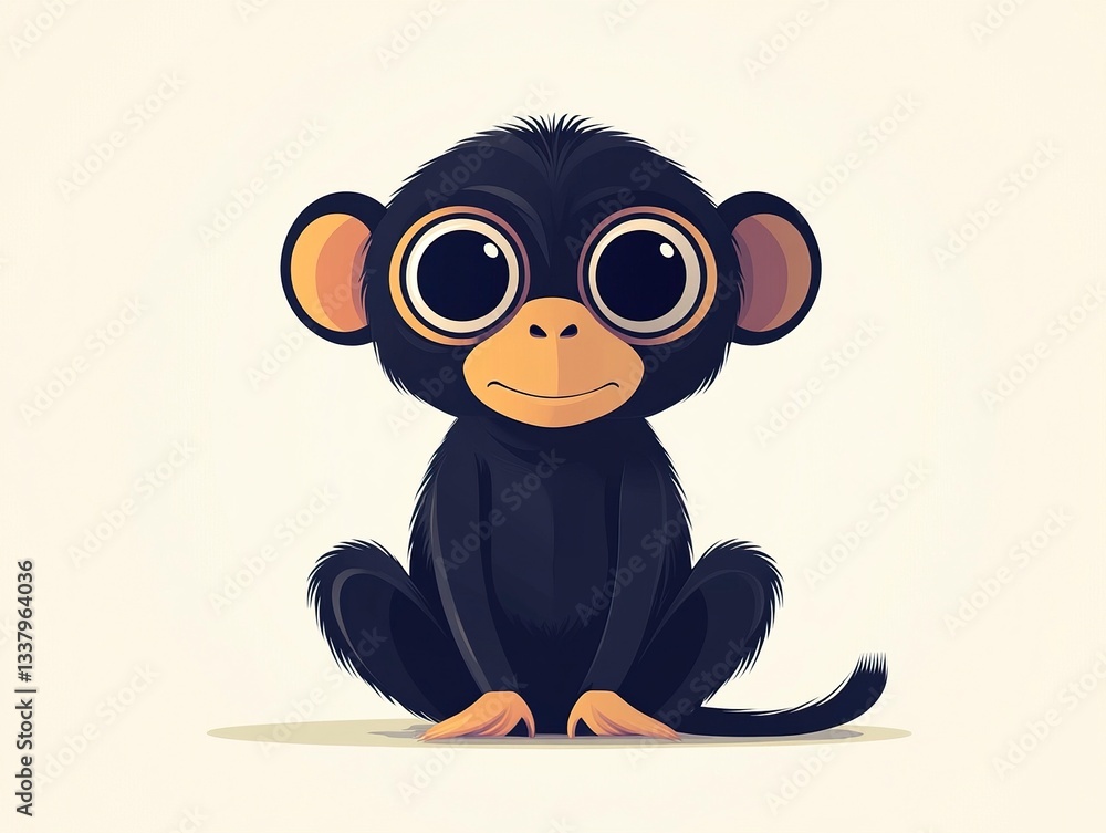 Poster a friendly monkey in a minimalist vector style, its big round eyes and soft curves making it irresis