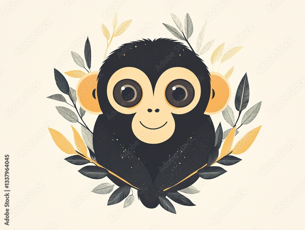 Poster a friendly monkey in a minimalist vector style, its big round eyes and soft curves making it irresis