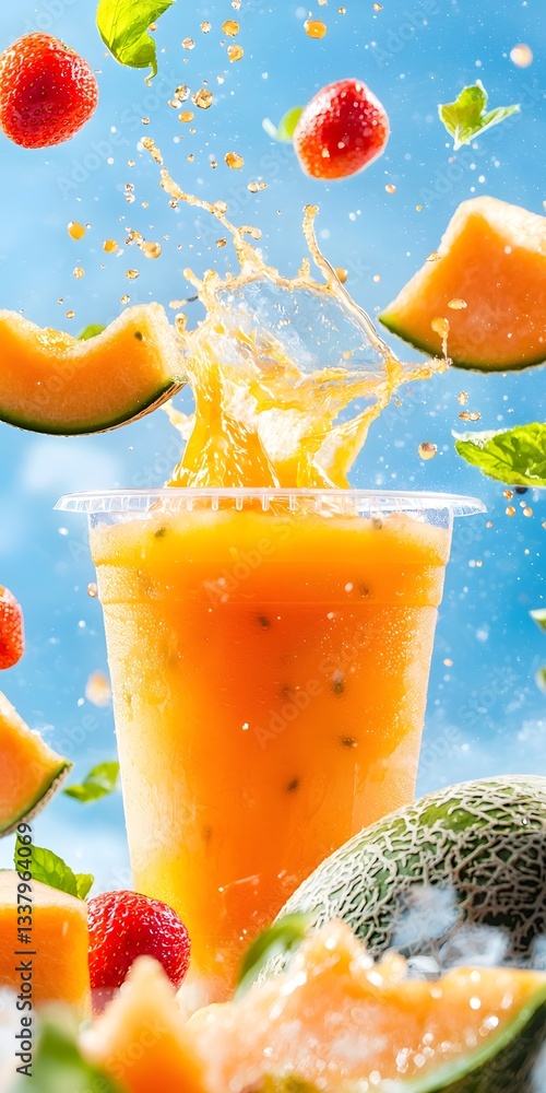 Poster Refreshing Fruit Splash Drink with Melon and Strawberries