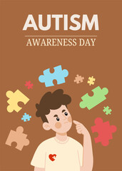 Poster concept World Autism Awareness Day with puzzle pieces and boy illustration. Banner or background vector design template. Psychological concept of Autistic children.