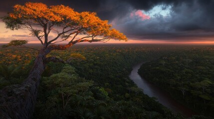 Fototapeta premium Amazon Rainforest Sunset Panoramic Vista River Treetop View