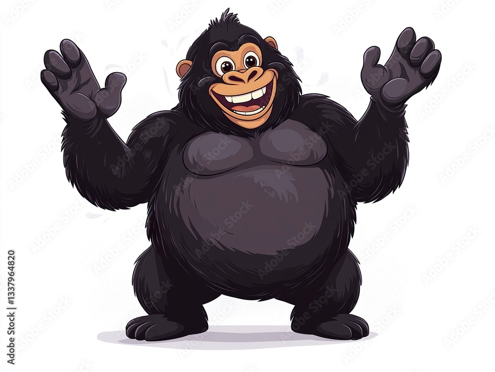 Poster a fun and quirky vector illustration of a gorilla with oversized hands and a friendly smile, its rou