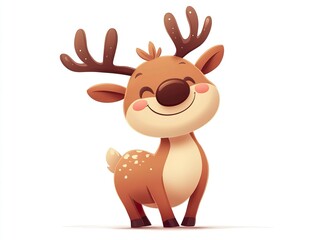 Obraz premium A fun and quirky vector illustration of a reindeer with oversized antlers and a happy smile, its rounded body adding to its cuteness, perfectly set against a white backdrop. 