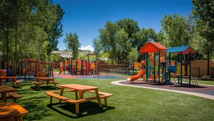 Colorful playground surrounded by lush trees on a sunny day.
