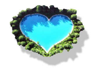 Clear blue heart shaped lake with fresh trees on the bank. World water day concept. Saving water, environment day and earth day concept with copy space for text. PNG file with transparent background.
