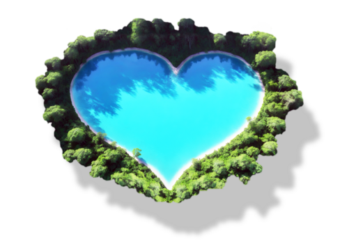 Clear blue heart shaped lake with fresh trees on the bank. World water day concept. Saving water, environment day and earth day concept with copy space for text. PNG file with transparent background.