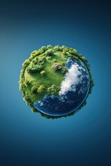 Fototapeta premium Lush Green Planet with Trees and Clouds against Blue Background