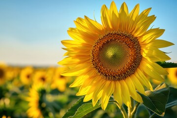 Vibrant sunflower in full bloom against a clear blue sky.