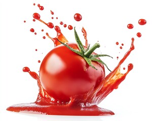 Tomato falling into sauce splash white background