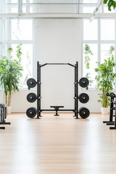 Modern Gym Interior with Weightlifting Equipment and Natural Light