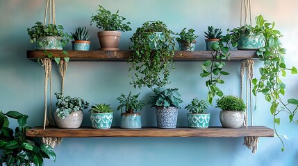 A bohemian-inspired display of wooden shelves with integrated ceramic planters for trailing plants, hanging from macramé ropes against a soft pastel wall, exuding a relaxed and artistic vibe.