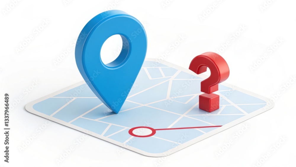 Poster navigating uncertainty: a 3d rendered map with a blue location pin and a red question mark signifies