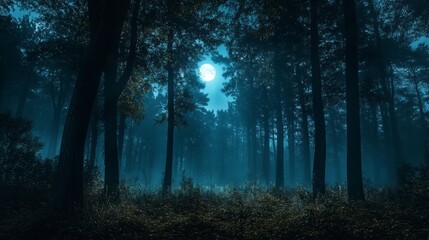 Enchanting Moonlight in a Misty Forest at Night